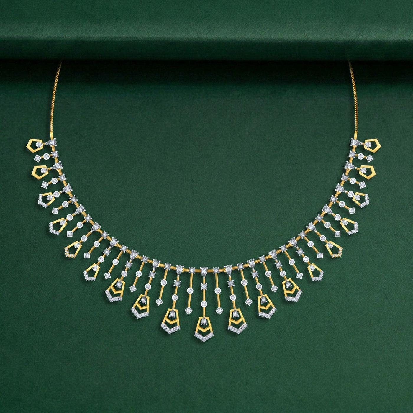 Gold and diamond necklace with geometric design on a green background