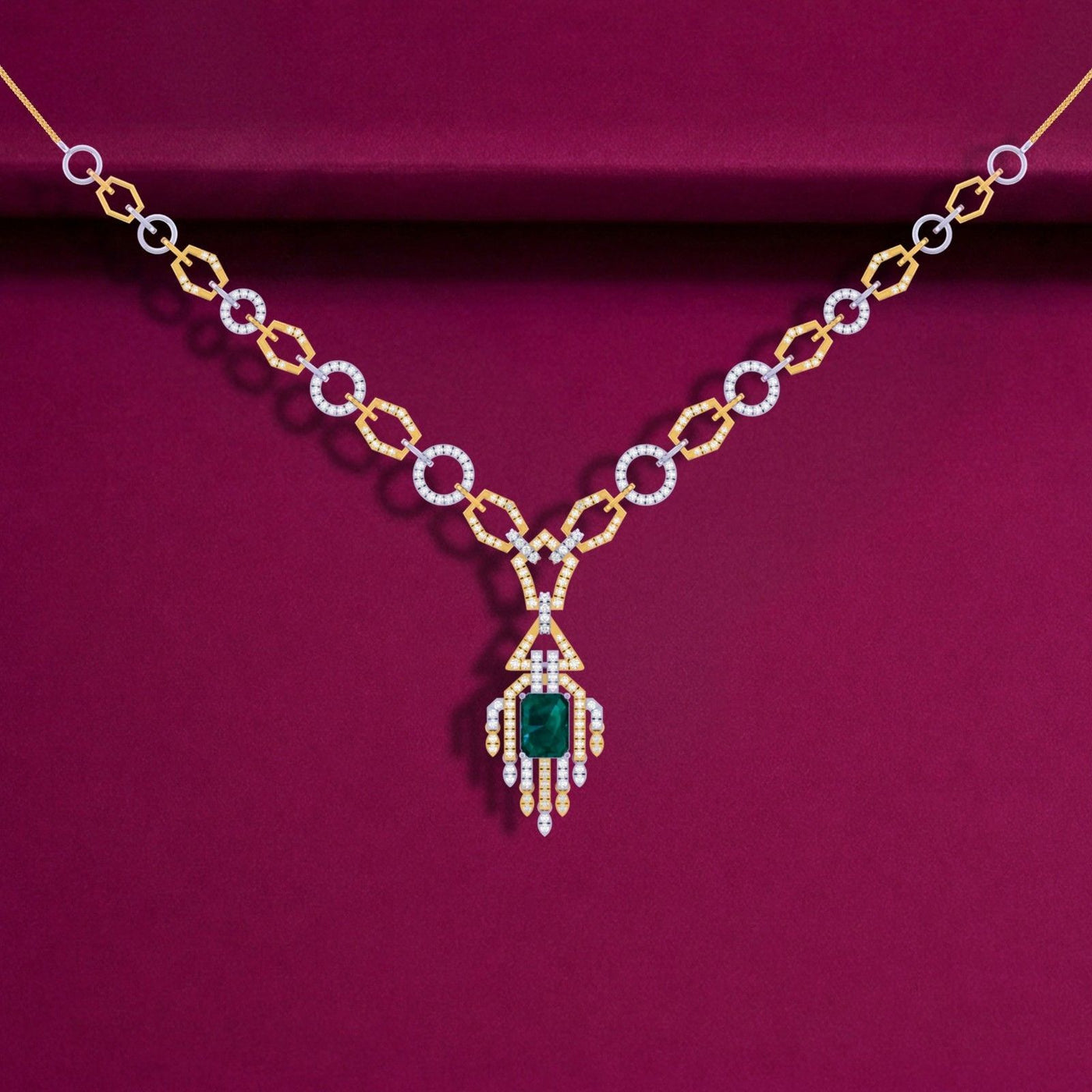 Elegant necklace with emerald gemstone on a purple background.