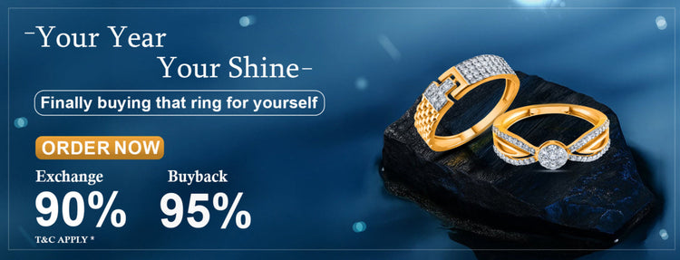 Two gold and diamond rings on a dark stone with promotional text about buying or exchanging rings.