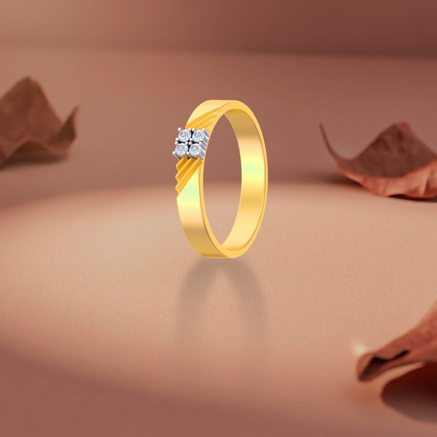 Gold ring with a diamond on a brown background.