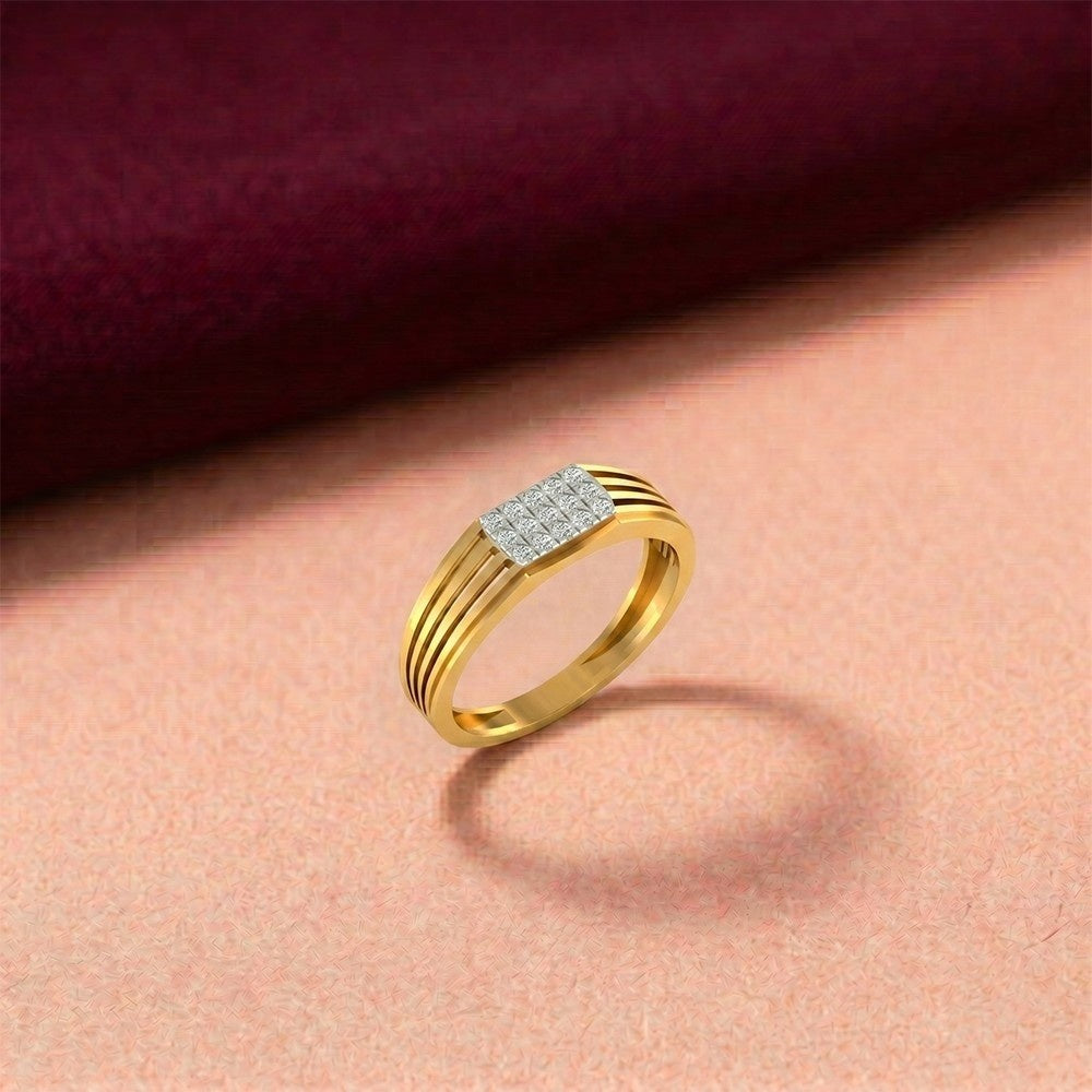 Gold and diamond band ring for men with diamond cluster on a surface.