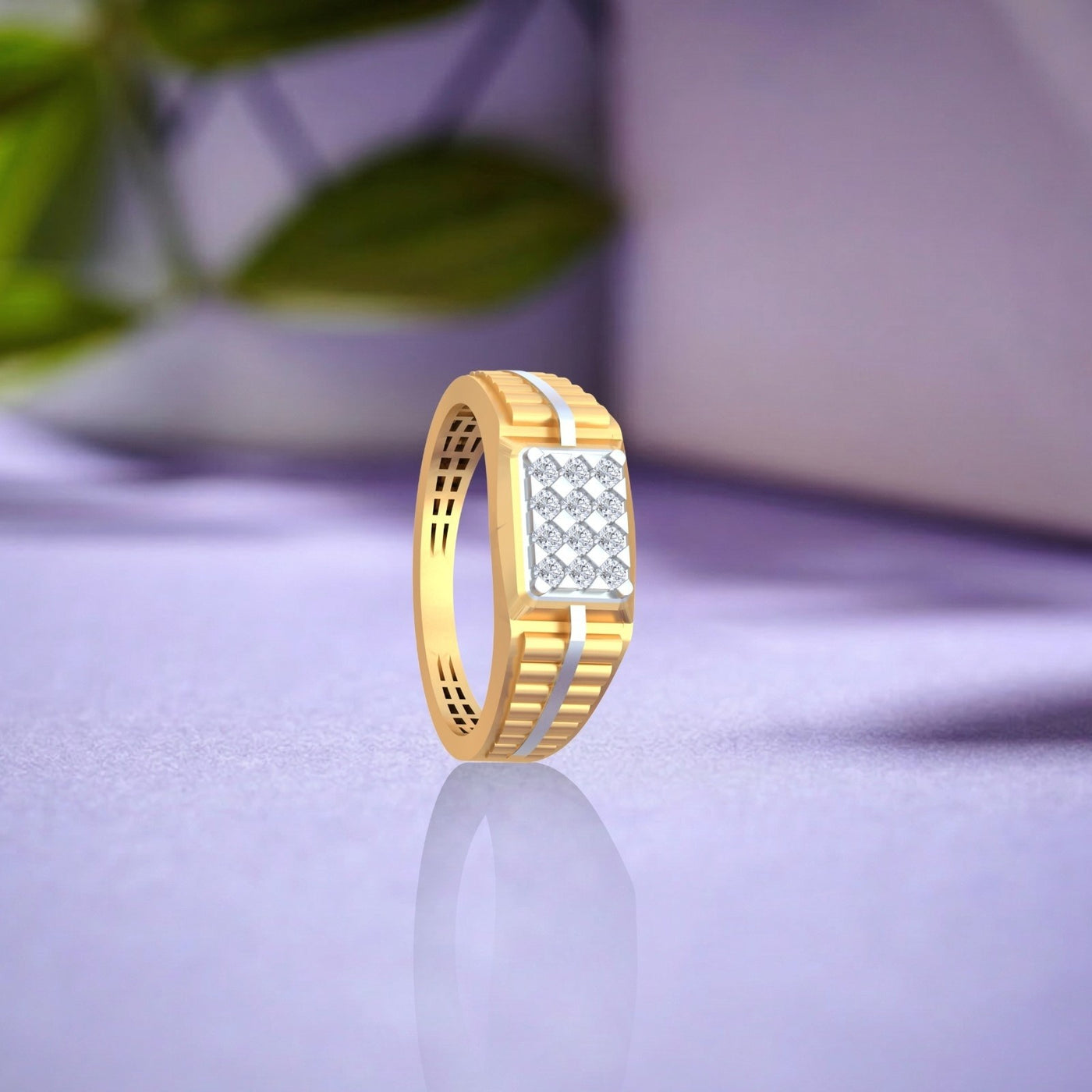 Gold ring with diamond accents on a reflective surface