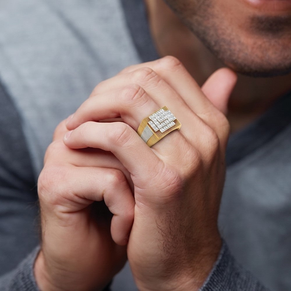 Man wearing a gold ring with a diamond on his finger