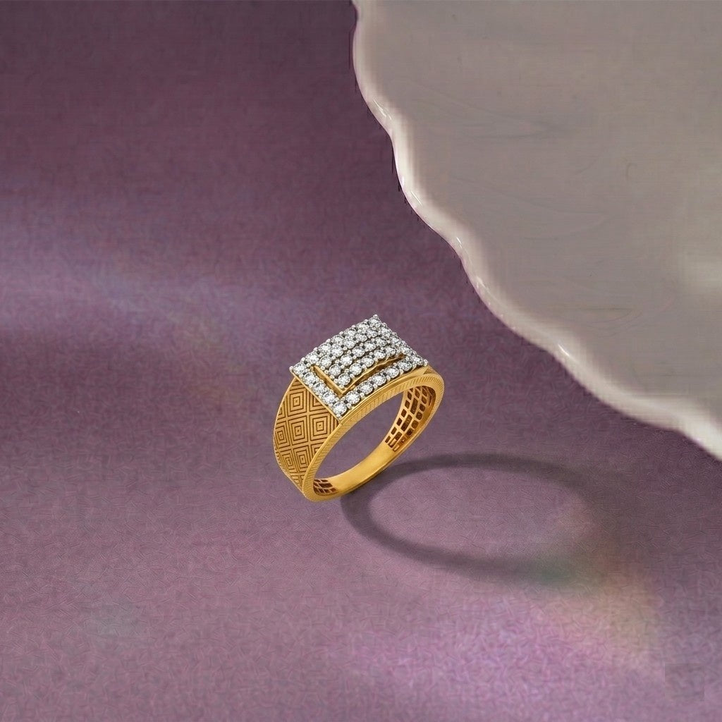Gold ring with diamonds on a purple surface