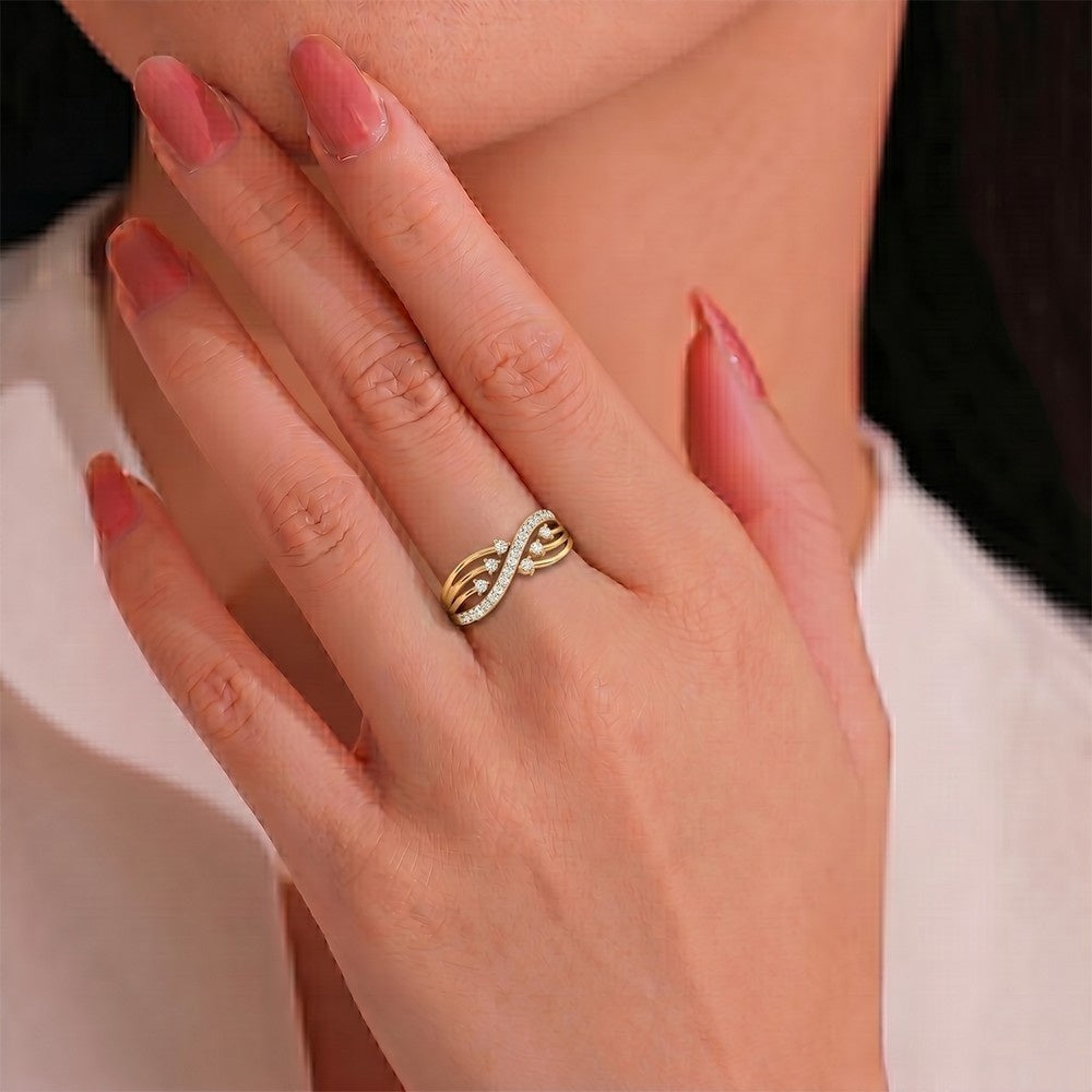 Close-up shot of a gold and diamond half-eternity women's ring.