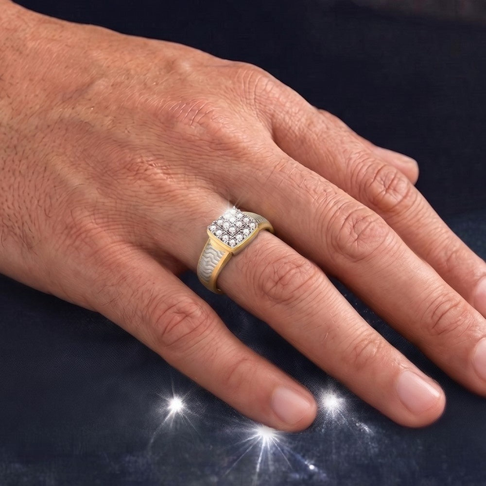 Hand wearing a diamond ring on a dark background.