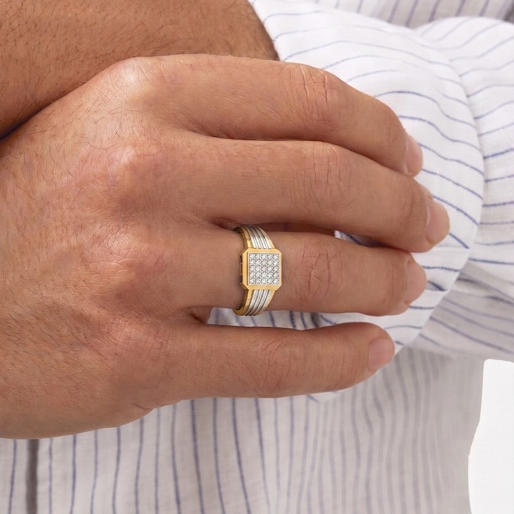 Men wearing a gold ring with a square diamond cluster.