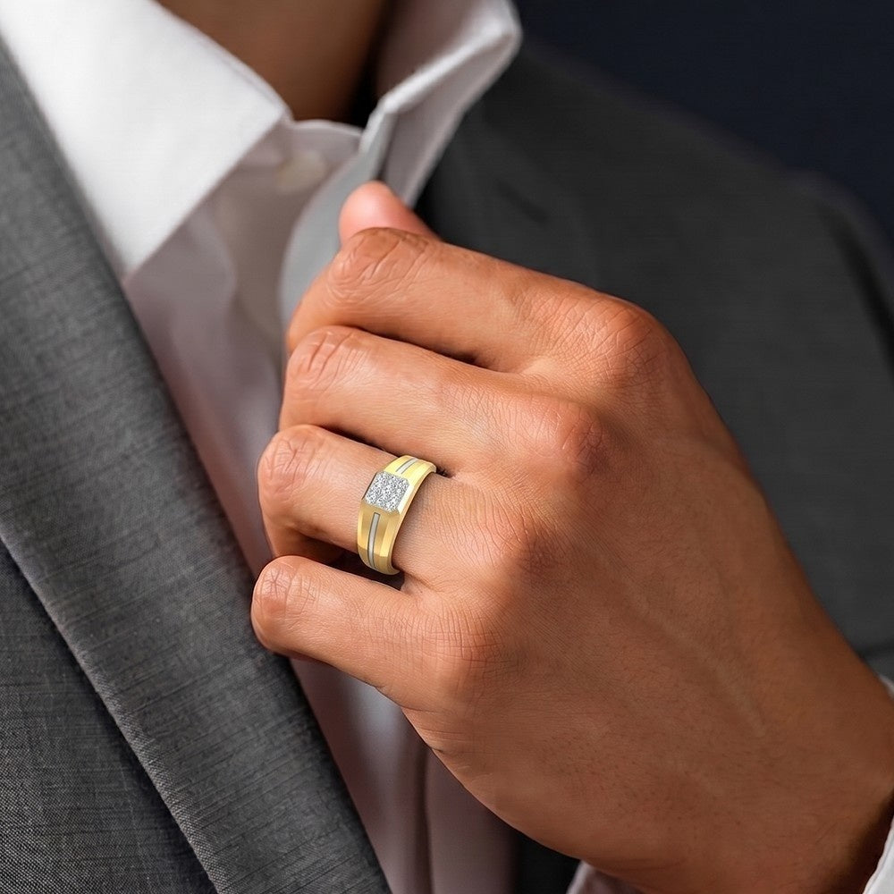 Men's wearing a gold and diamond band ring for men featuring a sparkling diamond accents.