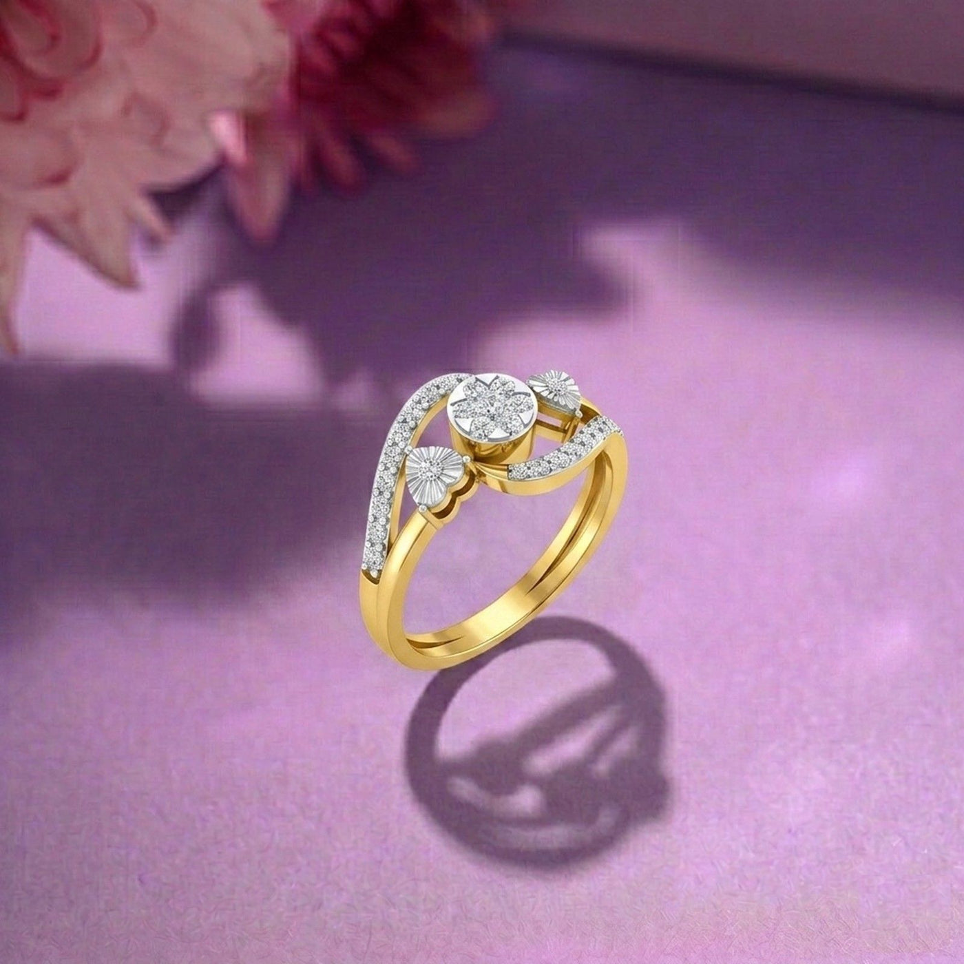 A gold and diamond ring featuring a cluster design, shown on a purple surface.