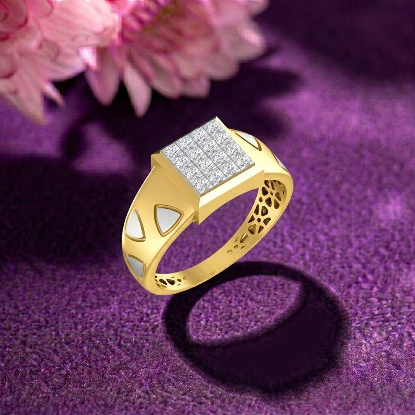 Gold ring with diamond accents on a purple textured background
