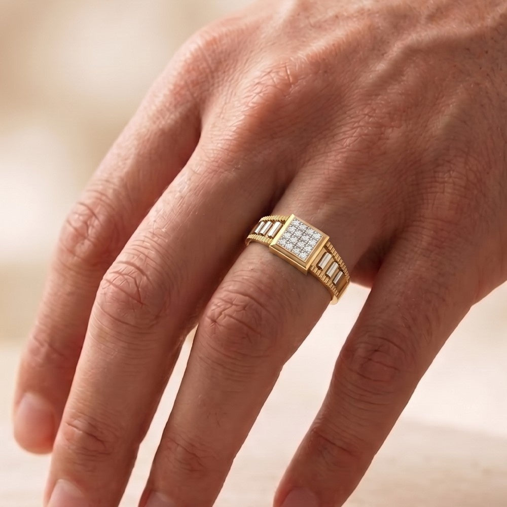 Gold ring with diamonds on a person's finger against a blurred background