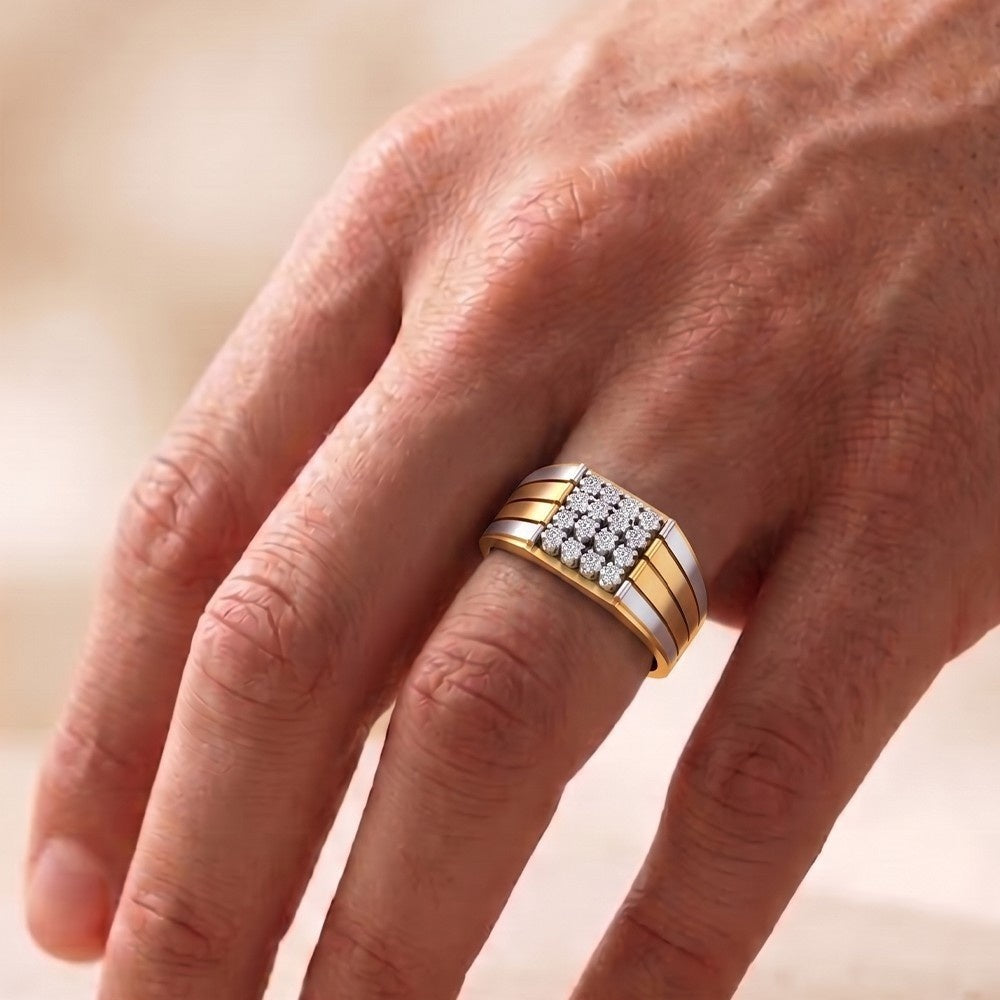 Gold ring with diamonds on a person's finger against a blurred background