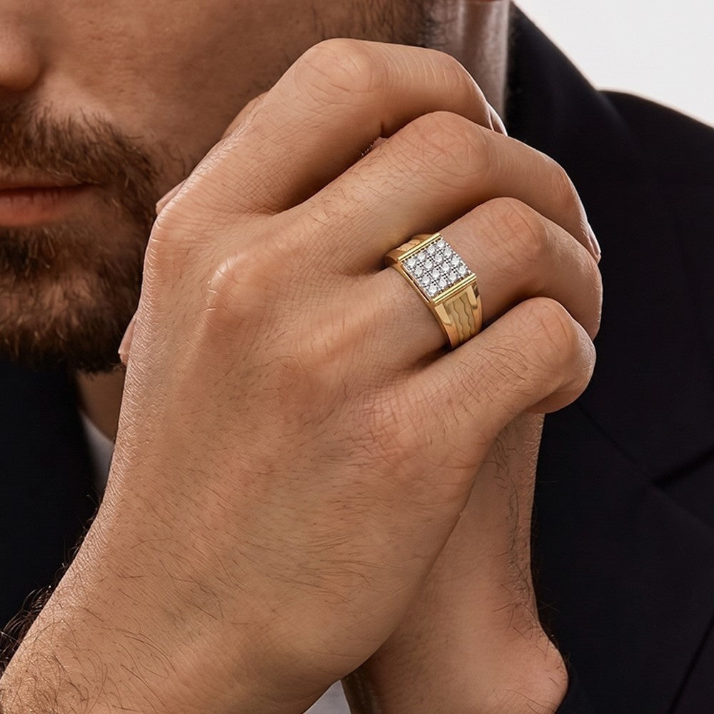 Men wearing a band ring gold and diamond ring.