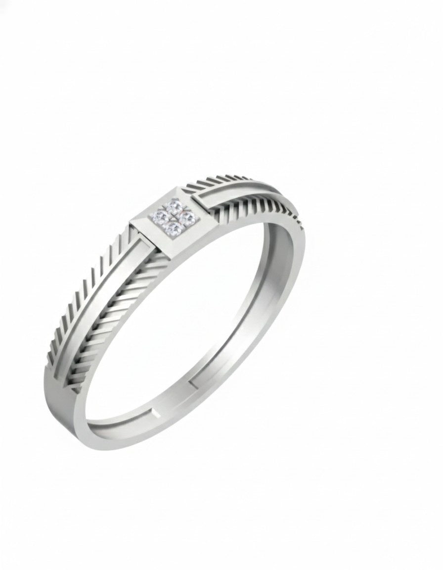 A white gold and diamond band ring with a textured pattern on a plain white background.