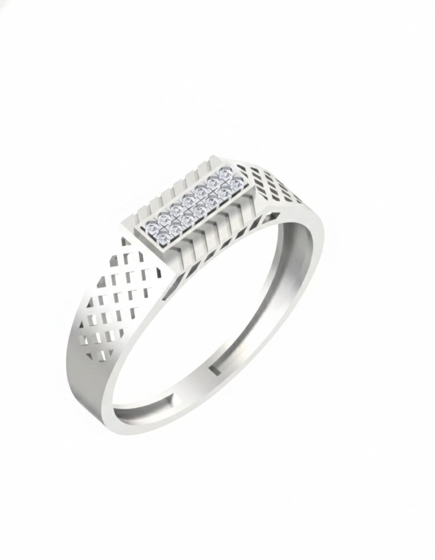 A white gold and diamond ring with a textured, openwork geometric band, shown on a plain white background.