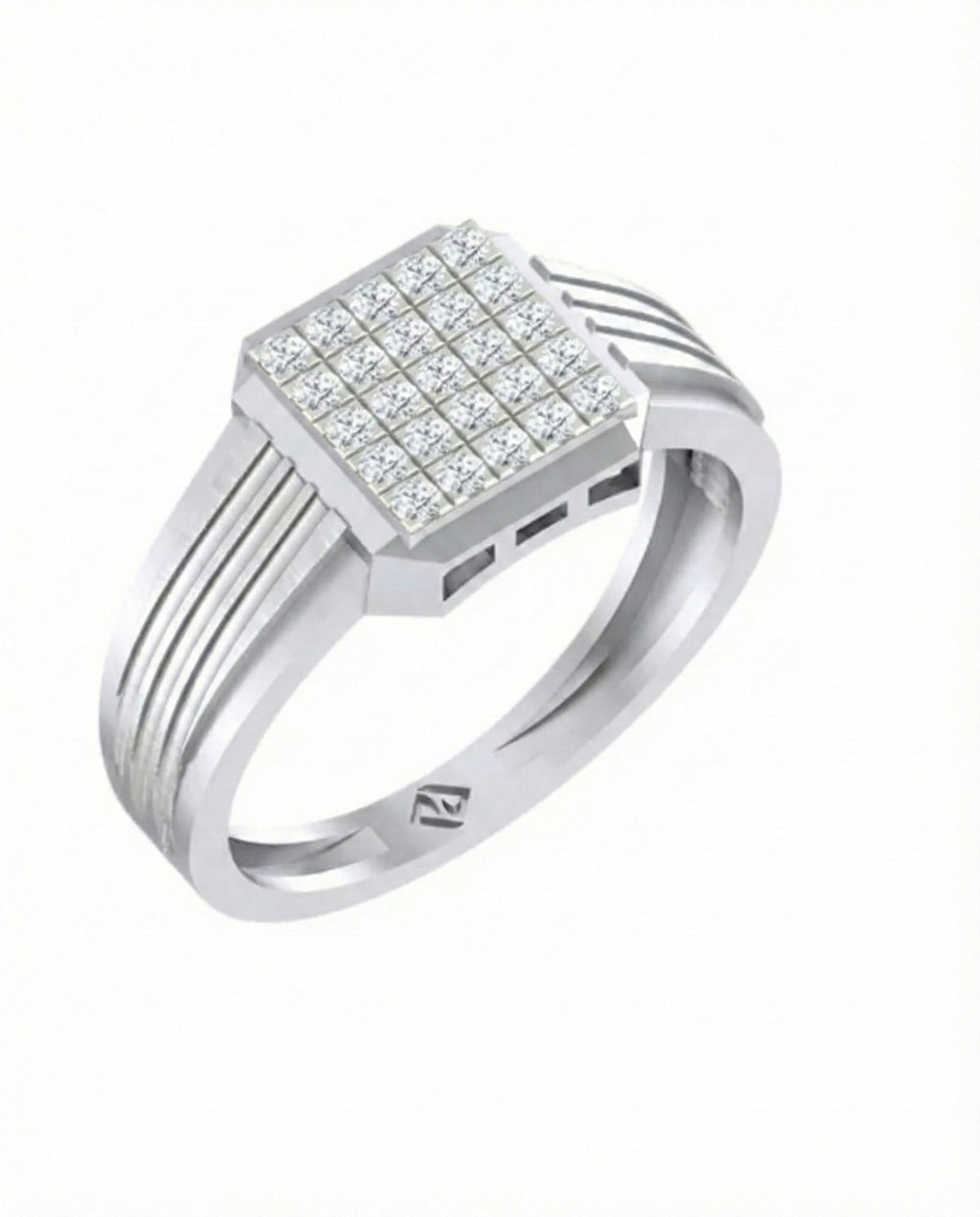 A white gold ring with a square pavé diamond setting, shown on a plain white background.