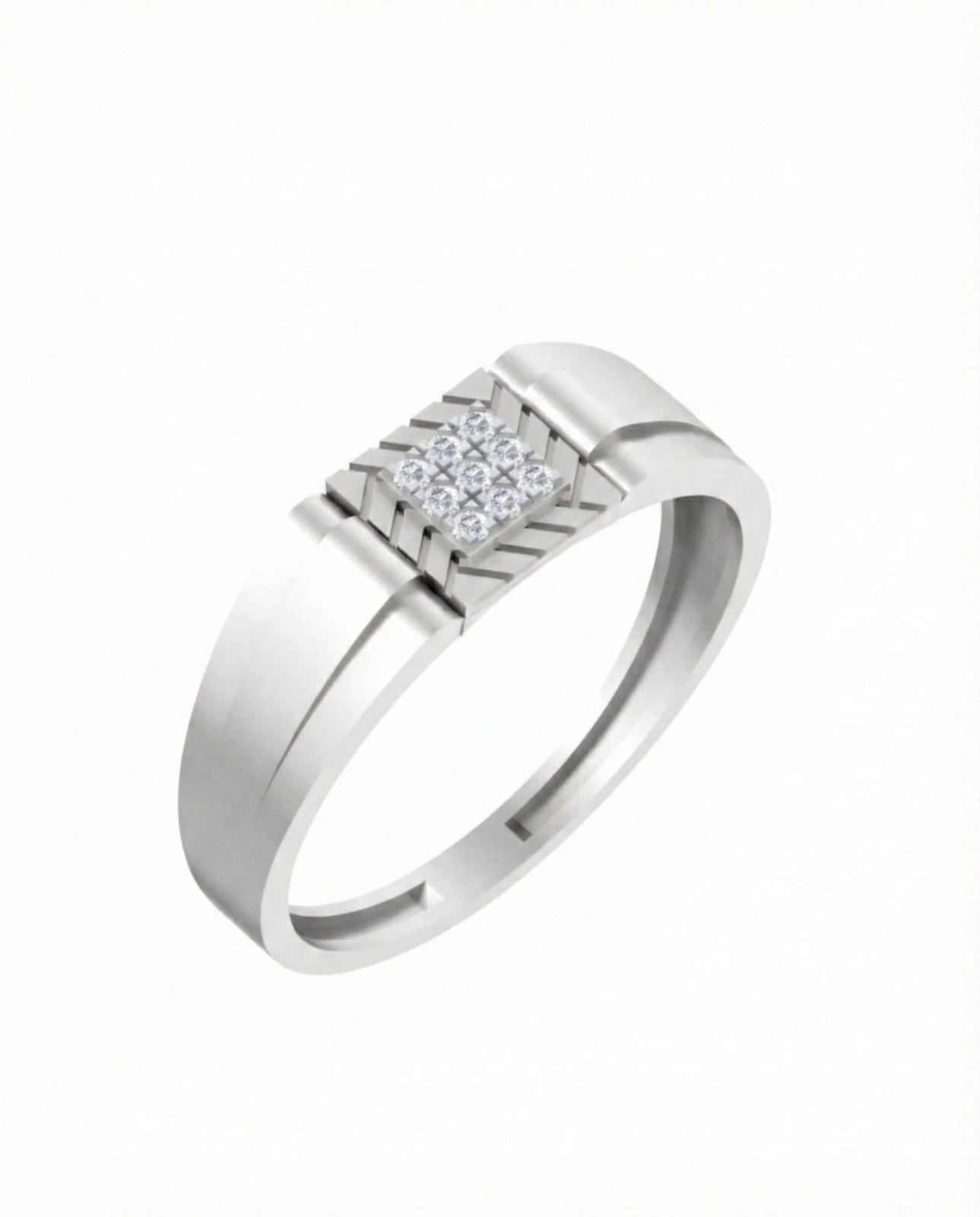 A white gold ring with a square-shaped pavé diamond center stone, set against a plain white background.