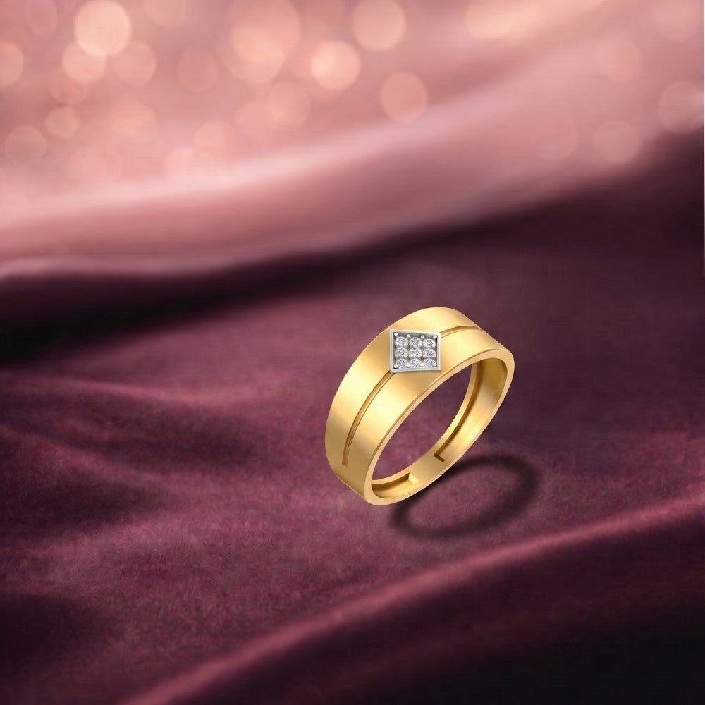 Gold & Diamond Band Ring For Men with Sparkling Diamond Cluster on a fabric background.