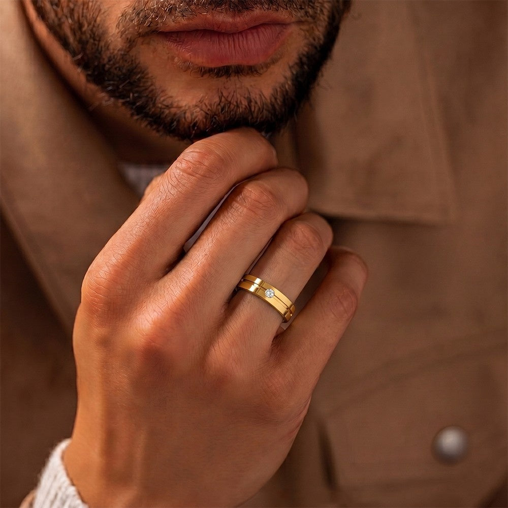 Gold & Diamond Solitaire Band Ring For Men KRC20081