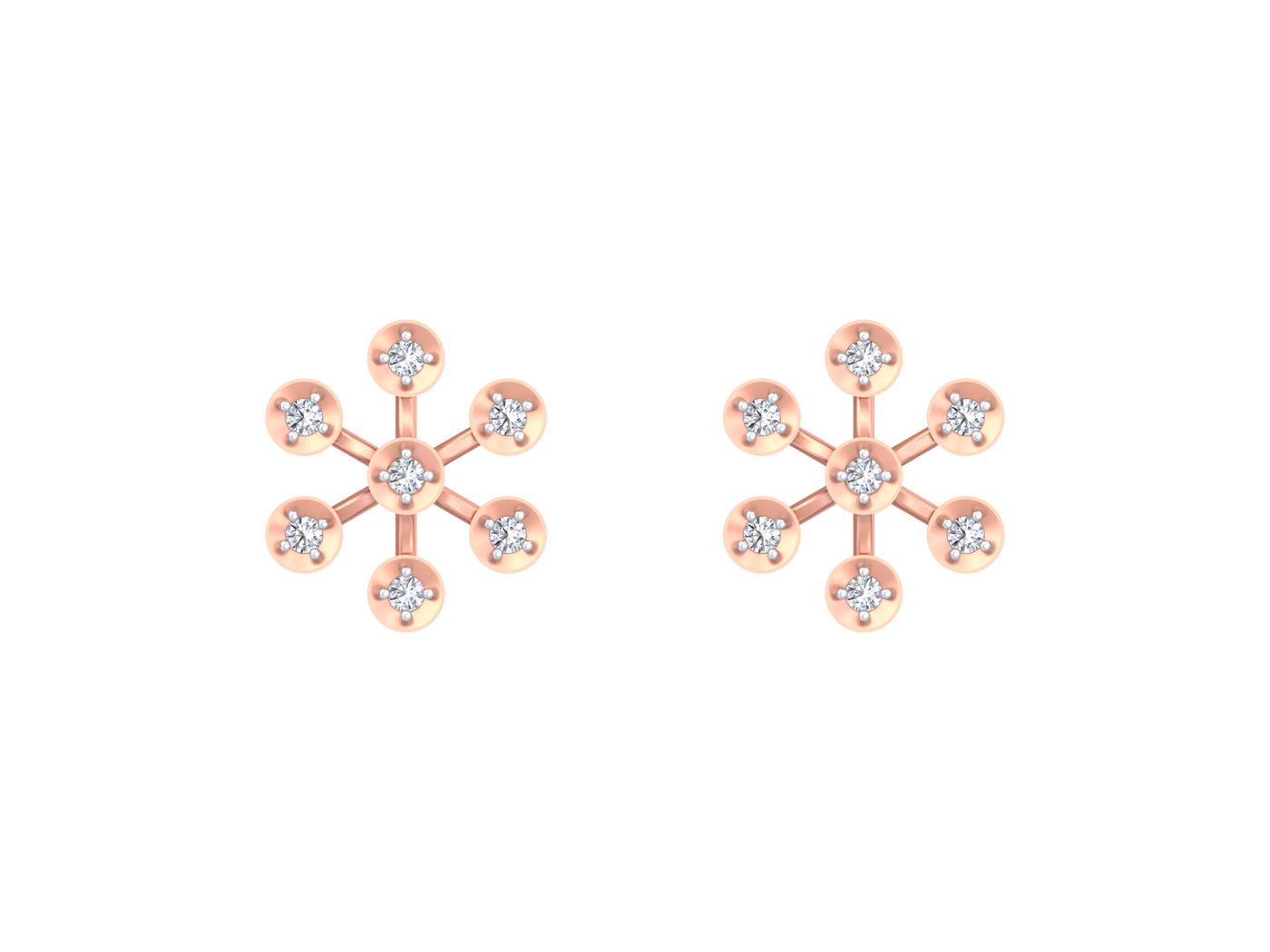 Rose gold and diamond floral stud earring on a white background.