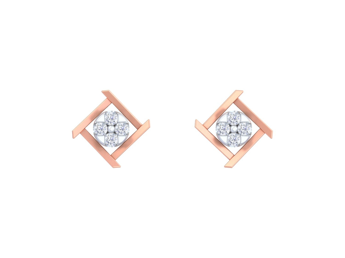Rose gold and diamond dailywear stud earrings on a white background.