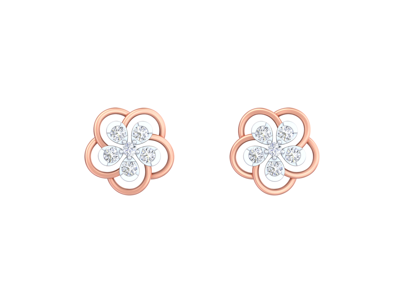 Rose gold and diamond floral earrings on a white background.