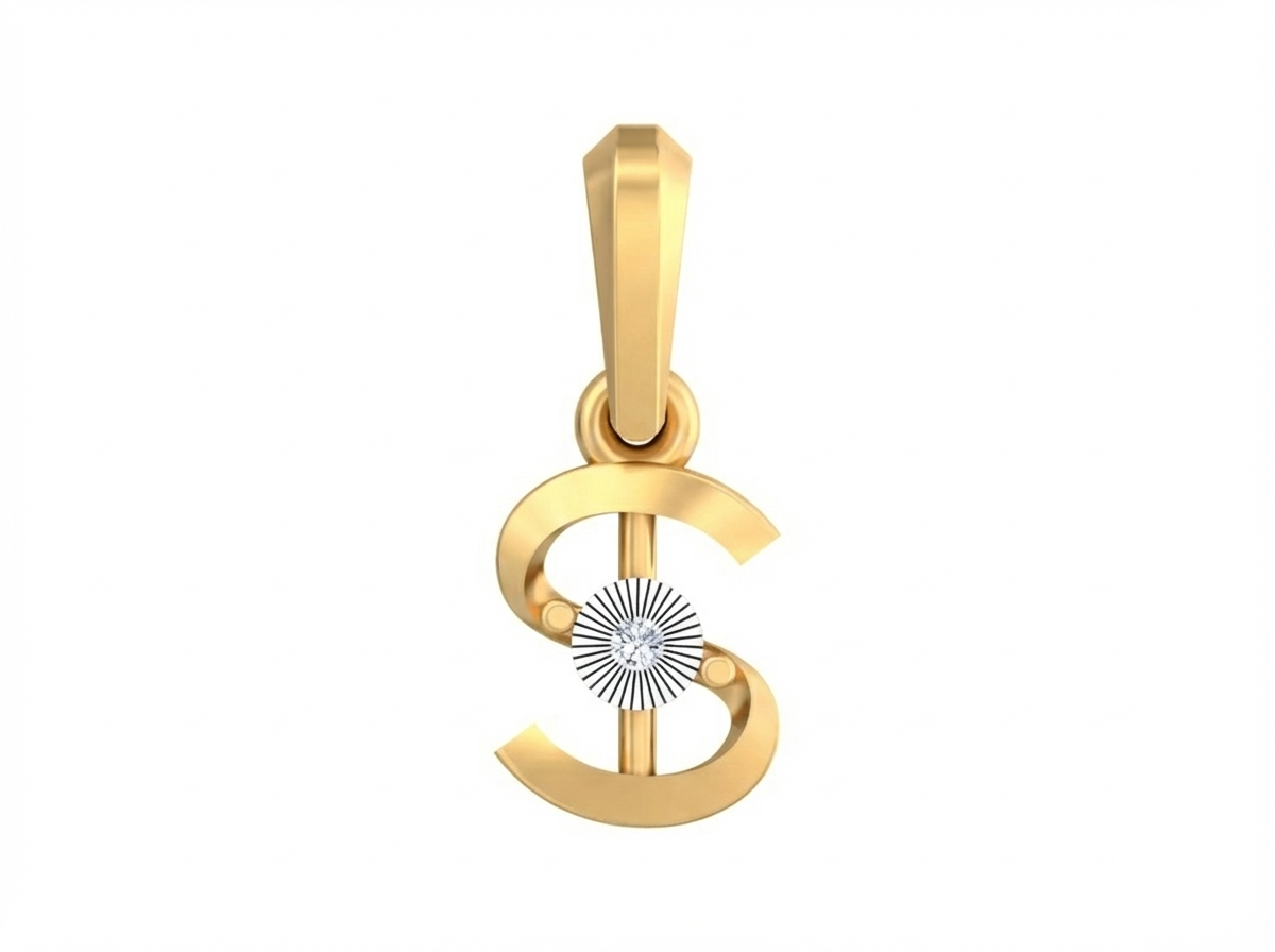 Gold pendant with a letter 'S' design on a white background