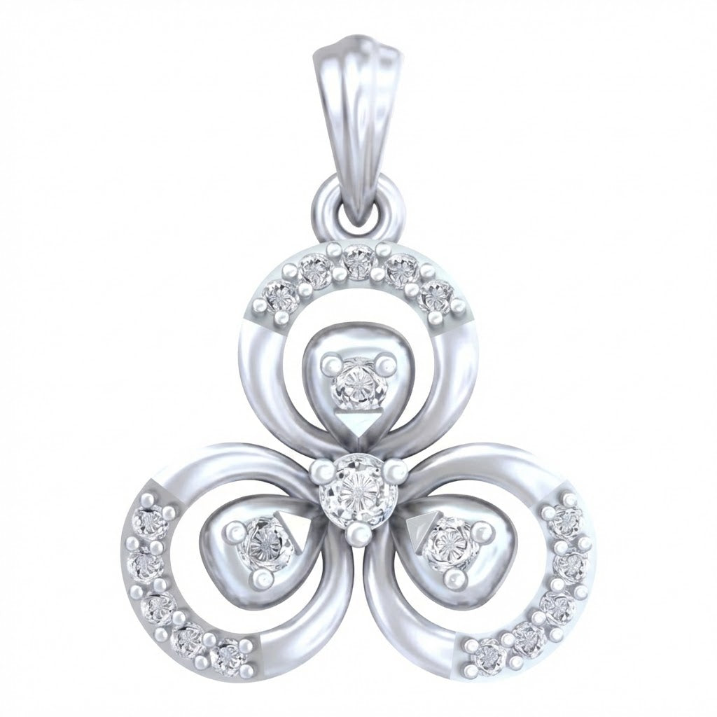 white gold pendant with circular design and embedded stones on a white background