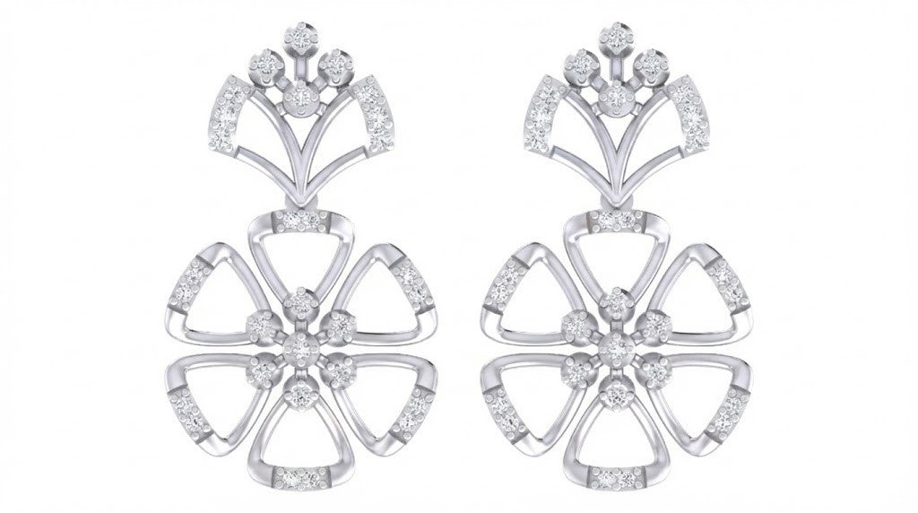 Pair of white gold and diamond floral earrings on a white background