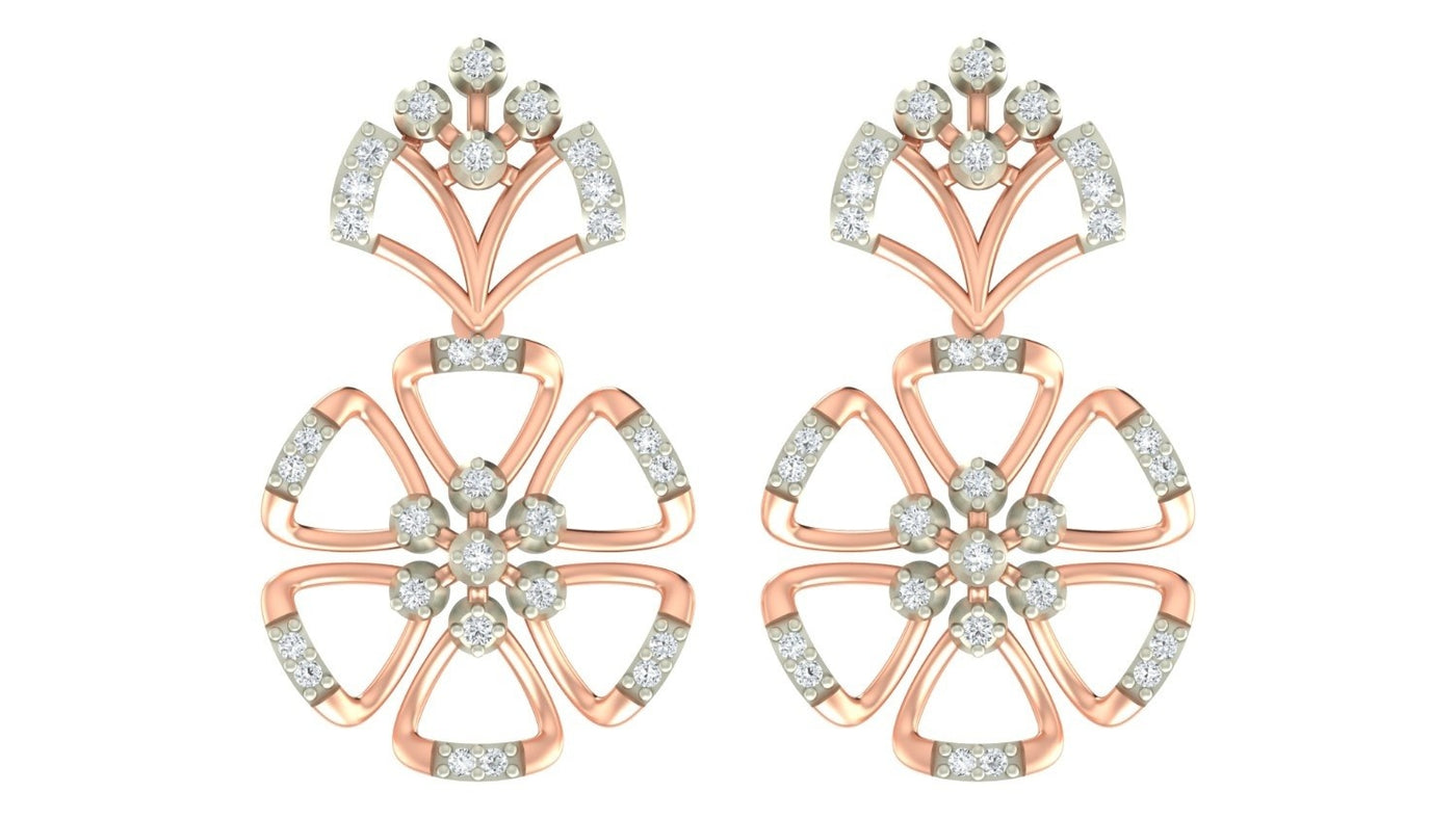 Pair of rose gold and diamond floral earrings on a white background
