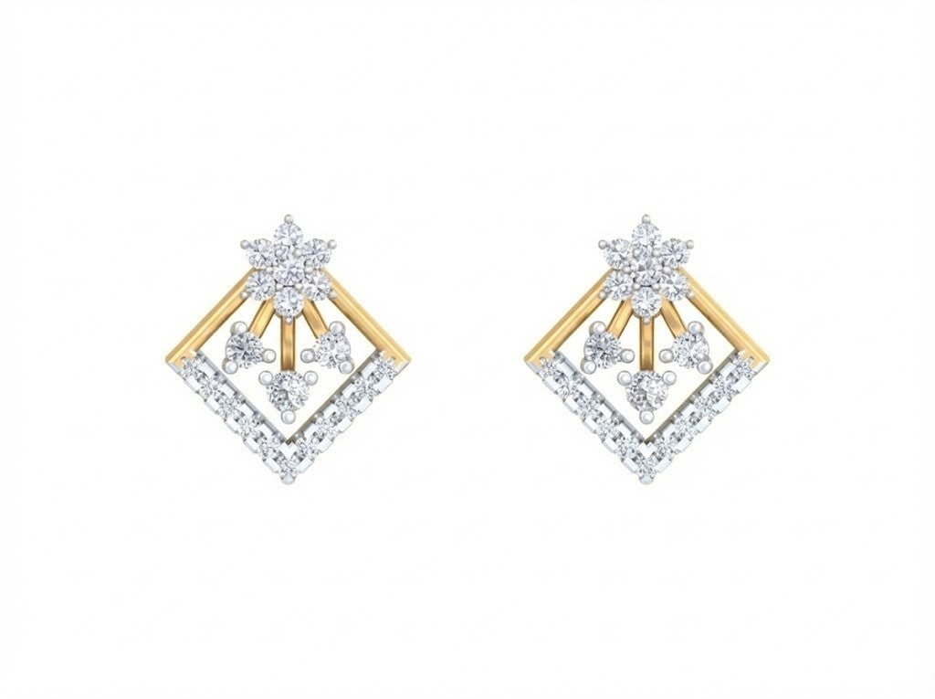 Pair of yellow gold and diamond stud earrings on a white background