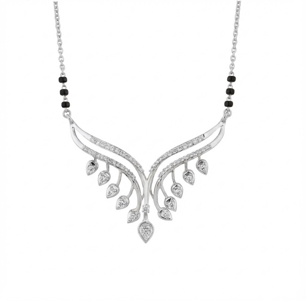 White gold mangalsutra with diamond-like stones on a white background