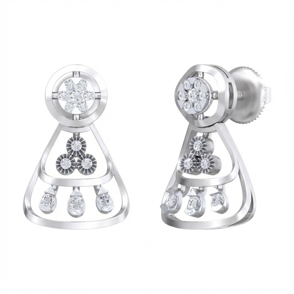White gold earrings with diamond-like stones on a white background
