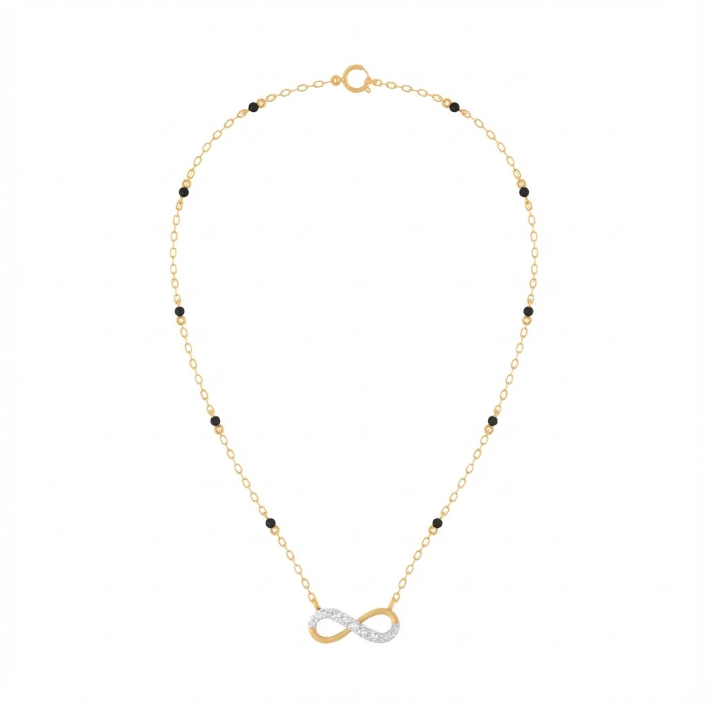 Mangalsutra with gold chain and infinity symbol pendant on a white background