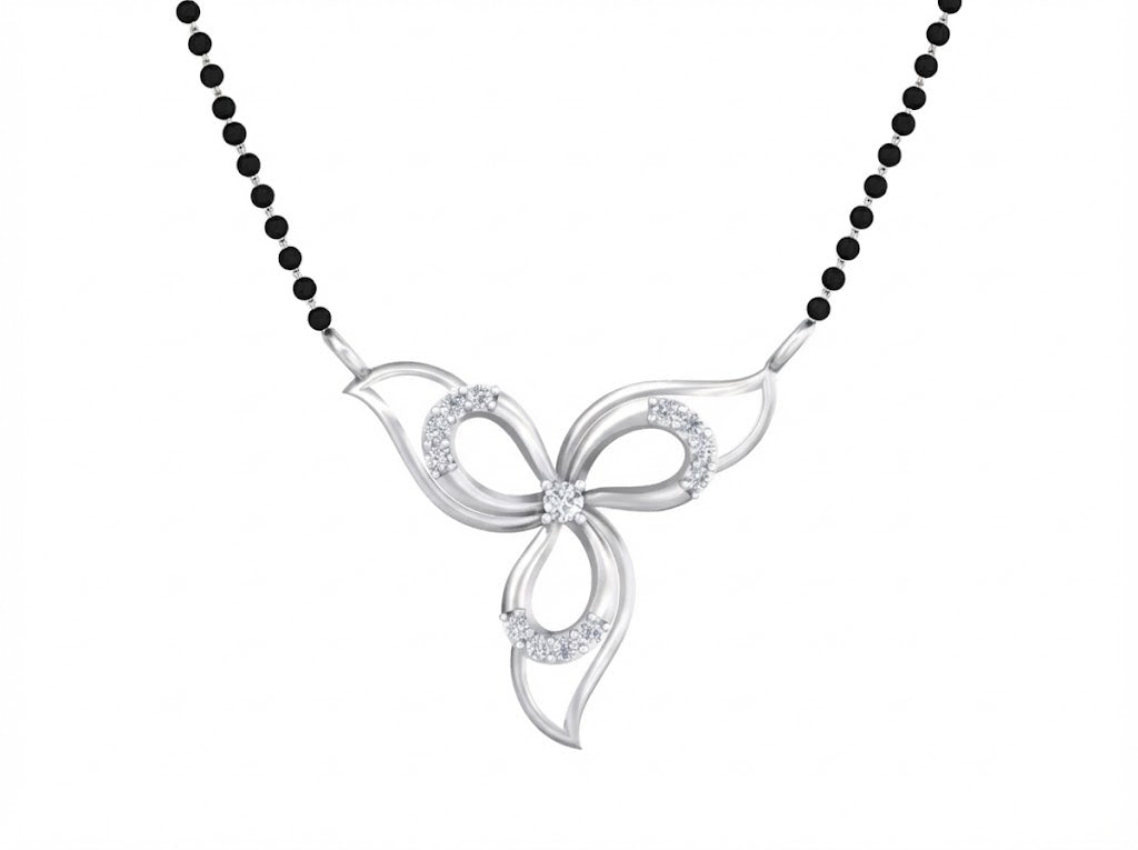 White Gold and diamond butterfly mangalsutra on a black beaded against a white background