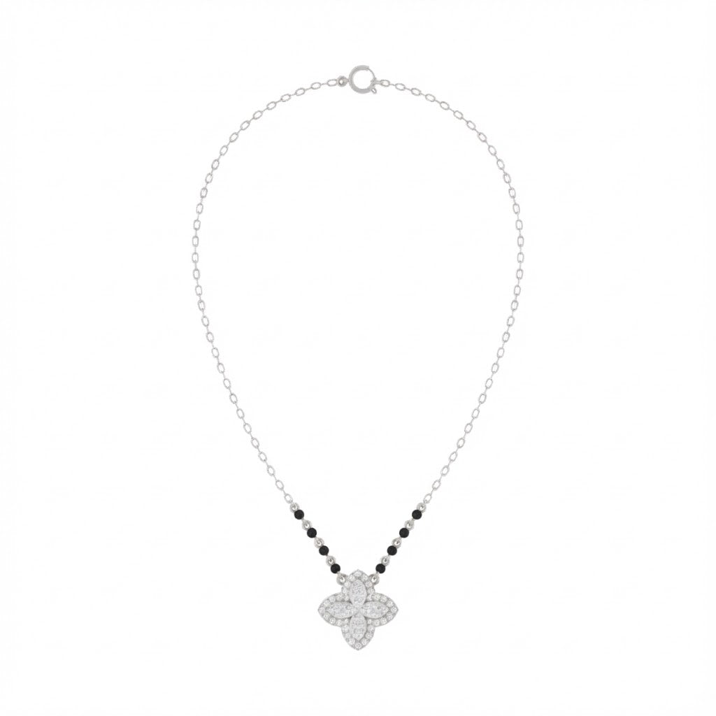 white gold and diamond mangalsutra with a star-shaped on a white background