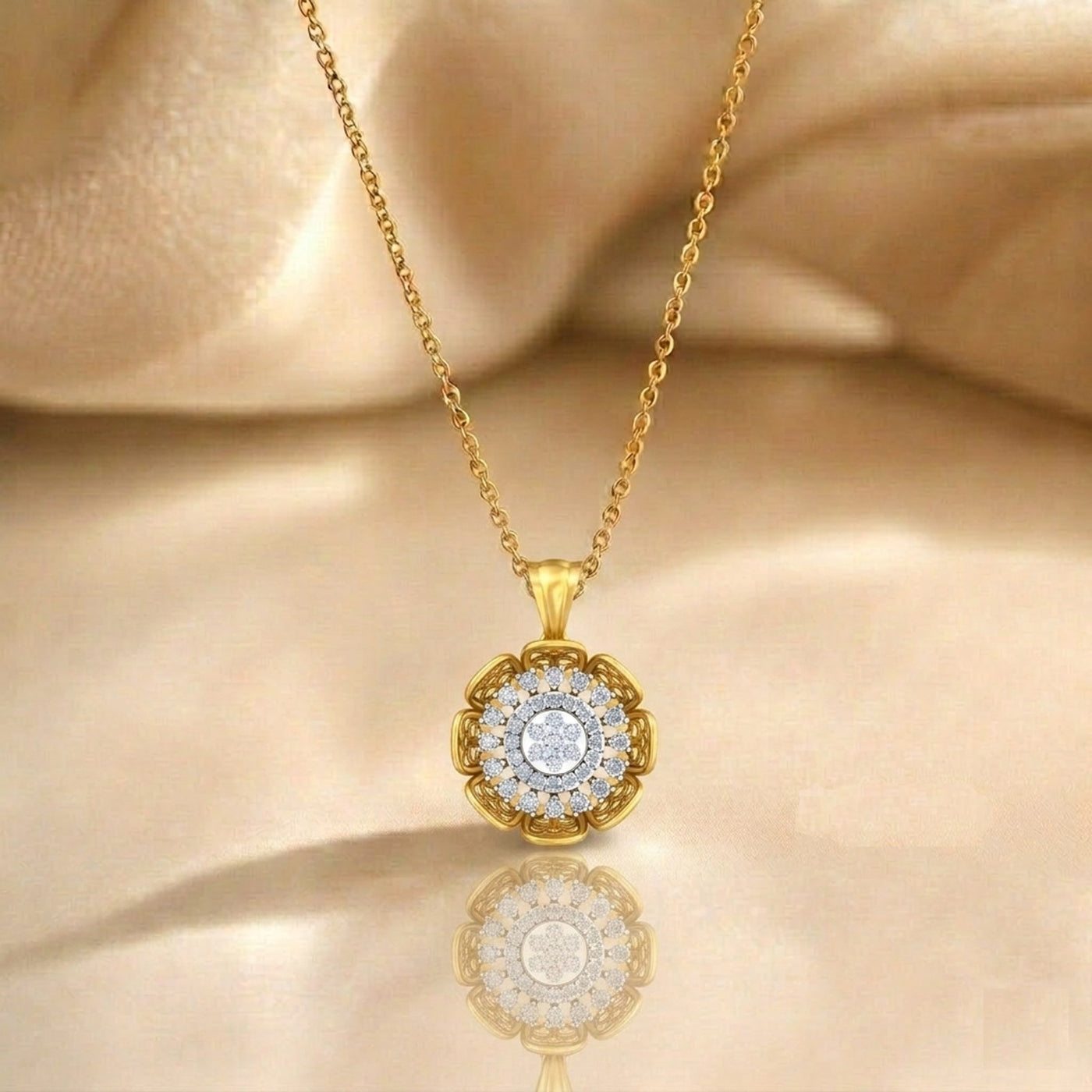 Gold pendant with a diamond pendant on a beige background